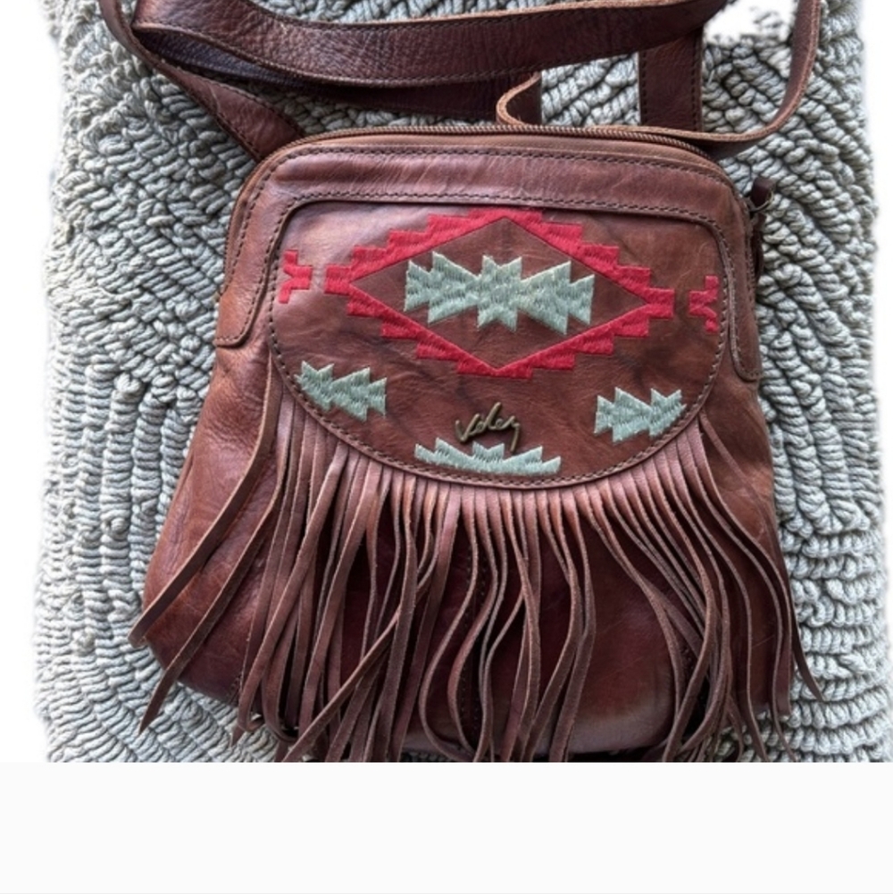 Velez Brown Small Tassel Crossbody Bag With Red & Turquiose Accents